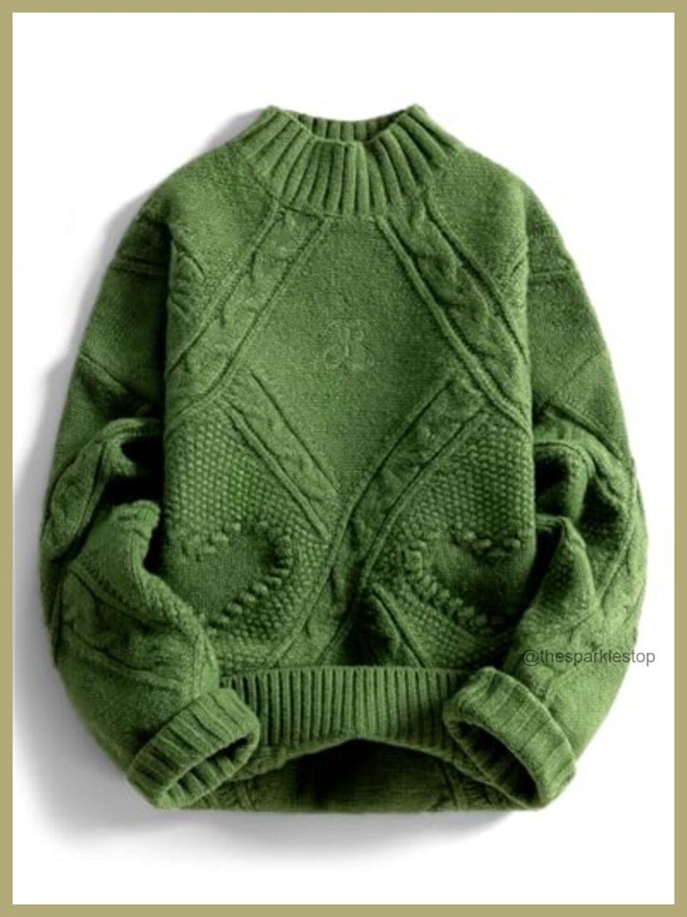 Oversized Cable Knit Chunky Sweater Mock Neck Long Sleeve Heart Pullover